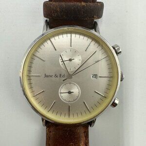 June & Ed Chronograph Watch Men Silver Tone 41MM Dial Date Window New Battery
